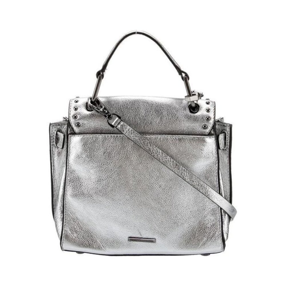 Rebecca Minkoff Metallic Silver Leather Crossbody Bag Studded Push-Lock Purse - Picture 3 of 5